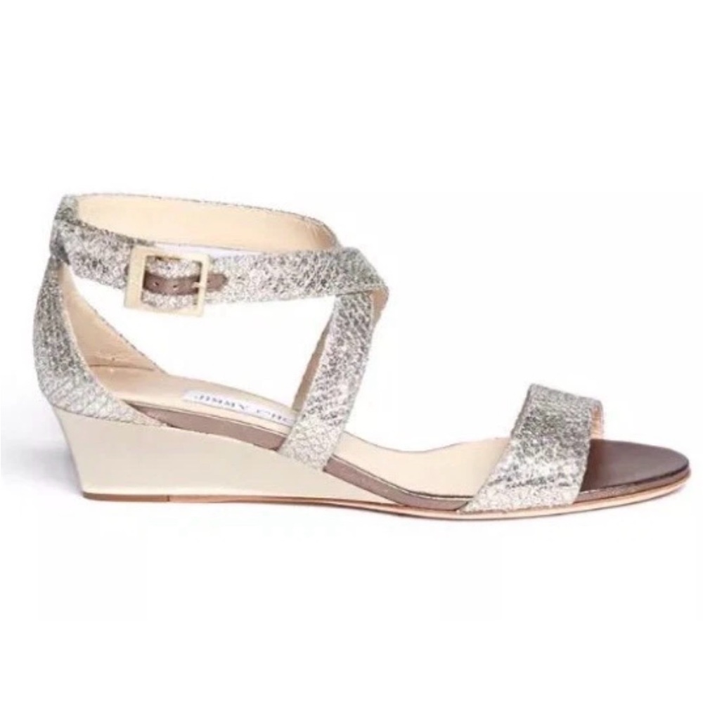 Jimmy Choo Champagne Glitter Chiara Low Wedge Sandals Heels 39
